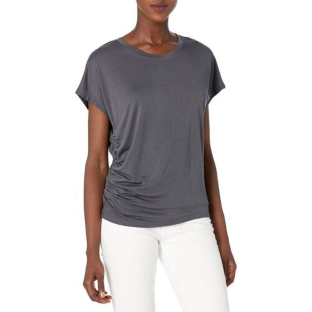 B NEW YORK Womens Gray Stretch Ruched Short Sleeve Crew Neck Top M